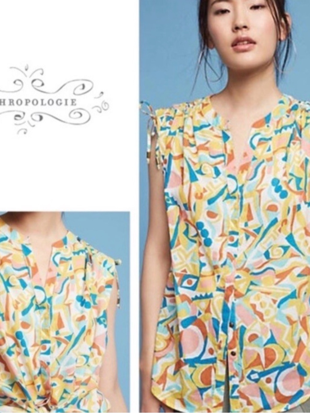 Anthropologie Multicolor Geometric Print Cap Sleeve Top